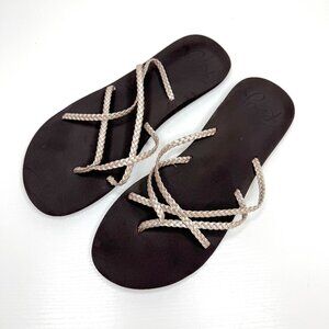 Roxy Trinn Strappy Flip Flop Sandal Womens 11 - 12 Brown Silver Metallic Braided